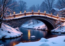 Zima, Most, Rzeka, Lampy, Drzewa, Śnieg, Domy, Zmrok