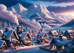 Zima, Góry, Domy, Dolina, Śnieg, Grafika