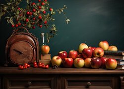 Zegar i gałązki obok jabłek i książek