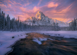 Kanada, Park Narodowy Banff, Zima, Rzeka, Drzewa, Góry
