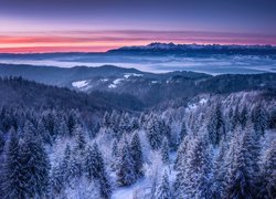 Zimowy górski krajobraz o zachodzie słońca