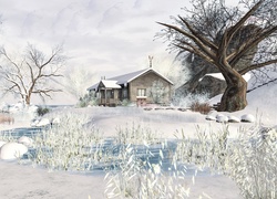 Zimowy krajobraz z domem i drzewami nad stawem