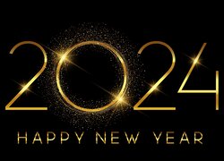 Złota data 2024 i napis Happy New Year na czarnym tle