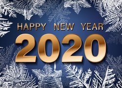 Złote cyfry 2020 i napis Happy New Year na niebieskim tle