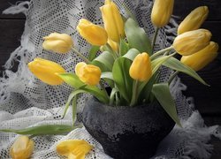 Bukiet, Żółte, Tulipany, Wazon, Serweta