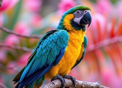 Papuga, Żółto-niebieska, Ara, Gałąź, Grafika