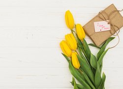Żółte, Tulipany, Prezent, Karteczka, Napis, Dzień Matki